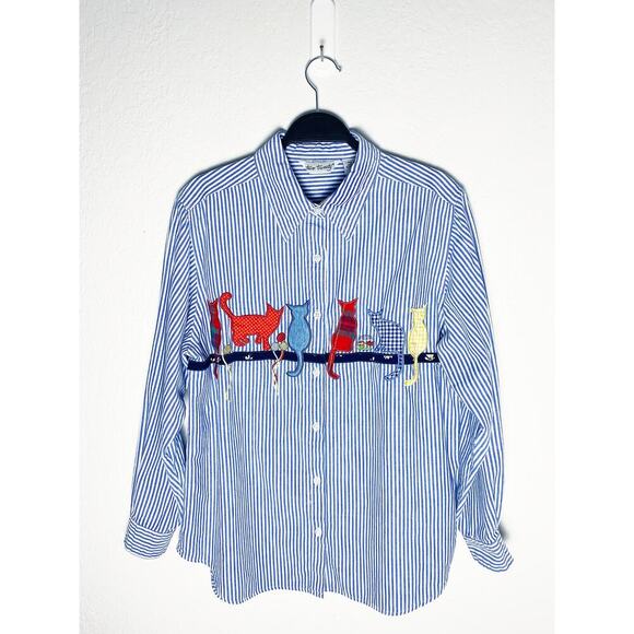 Vintage Two Twenty Women's Blue White Stripe Button Up Cotton Shirt Cat Appliqué - Picture 1 of 6